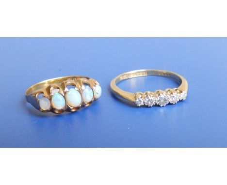 A small five stone graduated diamond ring and a five stone opal ring. (2)