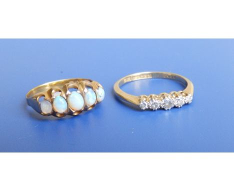 A small five stone graduated diamond ring and a five stone opal ring. (2)