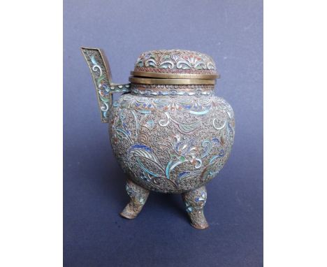 An antique Chinese cloisonne & filigree censer, decorated with overall flower scroll, standing on three hollow curved feet – 
