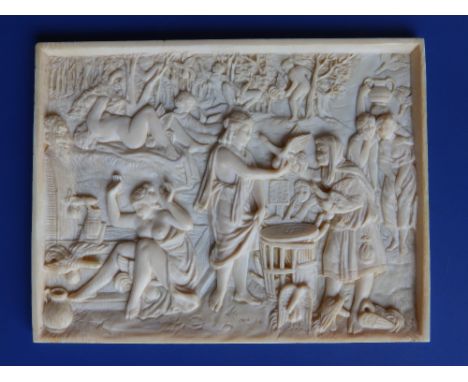 A 19thC German ivory erotic plaque, carved in relief with a classical scene depicting women and 'birds', signed 'BS', translu