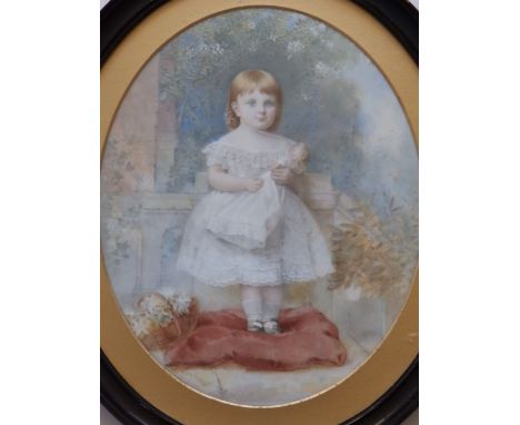 A Victorian oval painted porcelain plaque – Young girl with doll standing on a red cushion, signed 'Dickinsons' and dated 188