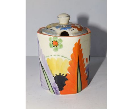 An art deco Arthur Wood preserve jar , painted in the Clarice Cliff style.