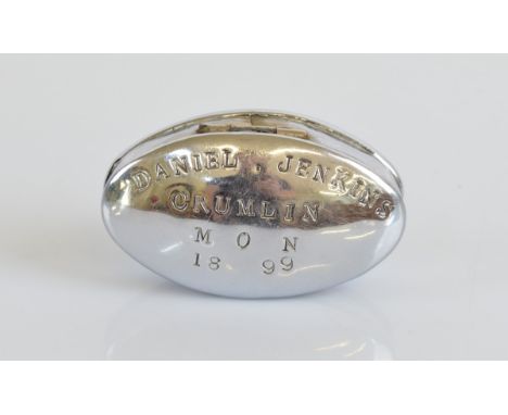 A chromed Welsh miners snuff box, stamped to lid Daniel Jenkins Crumlin MON 1899
