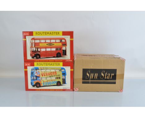 Two boxed Sunstar Routemaster diecast bus models, in 1:24 scale, #2902 RM254 VLT254 carrying Dulux and Jacob's advertising L.