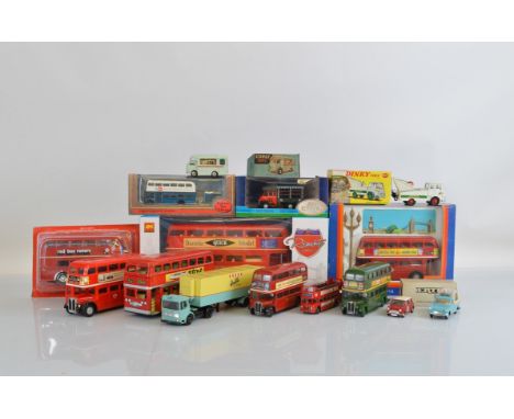 A selection of diecast and tinplate models, mostly buses, some boxed, including two Dandy (Japan) London Transport RT buses i