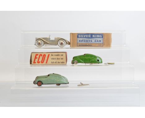 A boxed vintage Bilbax Toys aluminium 'Silver King' mechanical Sports Car, together with a boxed 'Eco1' tinplate cloxkwork Sa