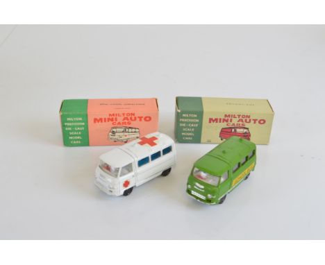 Two boxed Milton Toys (India) vintage diecast models,  #320 Civilian Ambulance in white, and #322 School Bus in green, both m