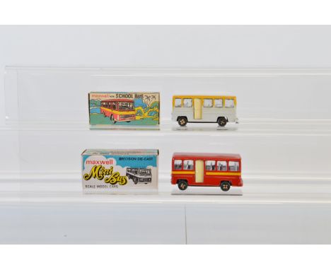 Two rare boxed vintage Maxwell Toys (India) diecast bus models, a Mini Bus in red and an Indian Airlines Airport Coach, belie