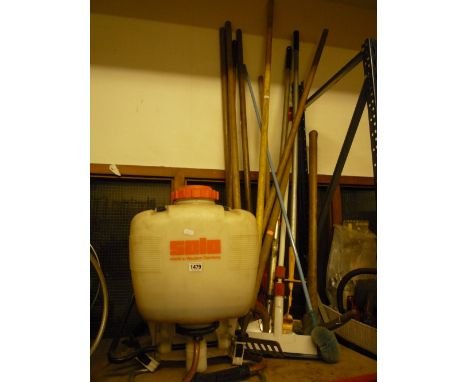 A KNAPSACK SPRAYER, and a quantity of garden tools