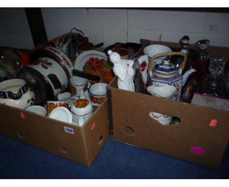 THREE BOXES OF CERAMICS, GLASS, PANS, etc, to include Midwinter 'Nasturtium' dinner/kitchenwares, decanters etc