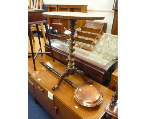 A 19TH CENTURY WALNUT GAMES TABLE, on tripod support and a copper warming pan (s.d.) (2)