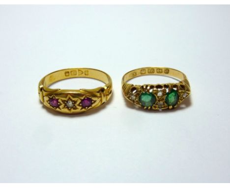 TWO 18CT GOLD RINGS, the first an emerald and diamond ring together with a ruby and diamond gypsy ring, hallmarks for Chester