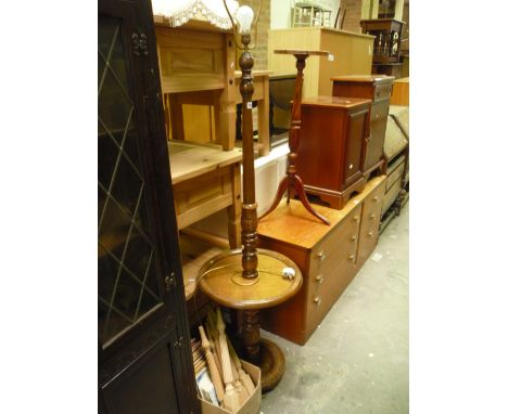 A STANDARD LAMP, with central stand and shade, plant stand and a box of do it yourself magazines etc