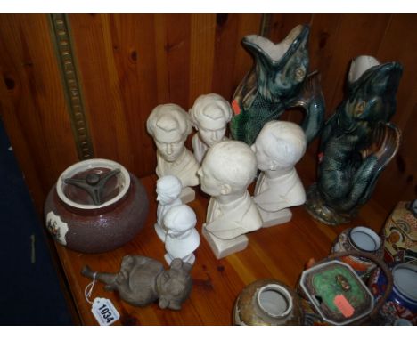 A W.H. GOSS DEVIL, Macintyre tobacco jar, a pair of fish gurgle jugs and various Royal busts (10)