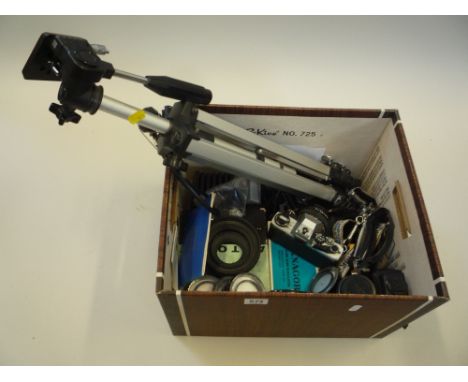 A BOX OF CAMERA EQUIPMENT, with an Olympus OM10 SLR fitted with 50mm 1:.1.8 lens, two Vivitar lenses, two flashes, a quantity