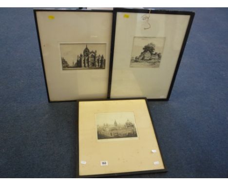 THREE DRYPOINT ETCHINGS, circa 1890-1900, Ian Strang farm buildings, C.H. Clark 'St Giles Cathedral, Edinburgh' and K. Vernon