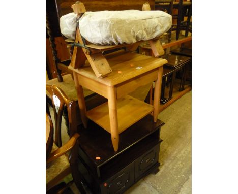 A PINE CAMEL STOOL, mahogany TV stand, small pine table with one drawer and a sofa table (4)