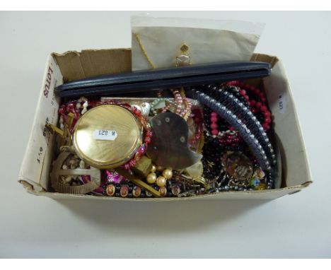 A COLLECTION OF COSTUME JEWELLERY, to include glass beads and compact mirrors