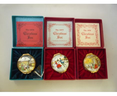 THREE BOXED BILSTON & BATTERSEA ENAMEL CHRISTMAS BOXES, 1976-1978