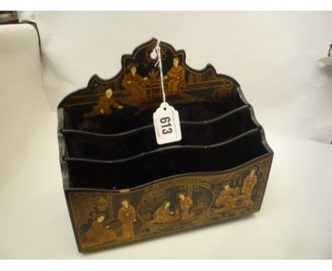 A CHINESE LACQUER LETTER RACK, 19th/20th Century, of rectangular form with serpentine edges, printed and painted with gilt fi