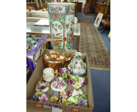 A BOX AND LOOSE FLORAL ORNAMENTS, COPPER KETTLE, ORIENTAL STICK STAND, etc (s.d.)