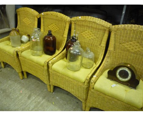 SIX VARIOUS SIZED DEMI JOHNS, three other jars and a mantle clock (10)