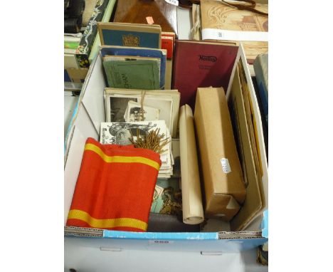 A GROUP OF VARIOUS COLLECTABLES, to include a Masonic sash and two jewels, various postcards, two books on Norton Motorcycles