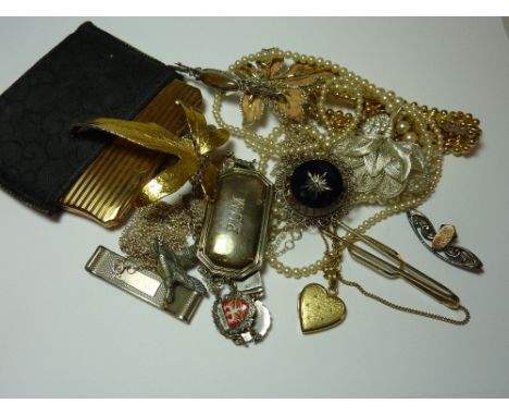 A COLLECTION OF COSTUME JEWELLERY, to include a money clip, a silver decanter label, a compact together with various costume 