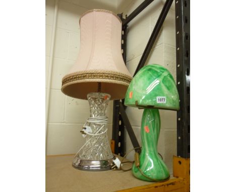 A NOVELTY MUSHROOM SHAPED AS A GLASS TABLE LAMP, and another cut glass lamp and shade (2)