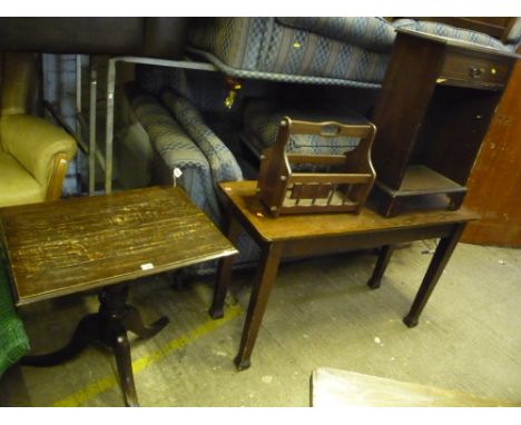 AN OAK TRIPOD TABLE, a hall table and a side cabinet with a single drawer (3)