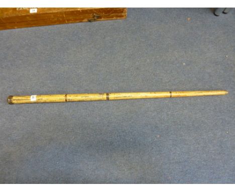 A 19TH CENTURY WALKING STICK, AIR GUN, cream painted bamboo effect in two screwed sections with compressed globe pommel, 20 i