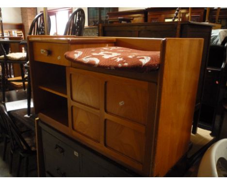 A TEAK TELEPHONE TABLE, brass standard lamp with shade and a mirror (3)