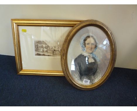TWO WATERCOLOURS, framed, cattle at rest, Circle of Benjamin Barker 1776-1838, and an oval Victorian portrait
