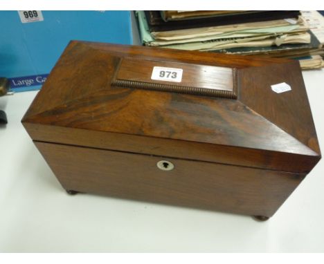 A 19TH CENTURY TEA CADDY, of sarcophagus form, fitted with central compartment with lidded compartments and central compartme