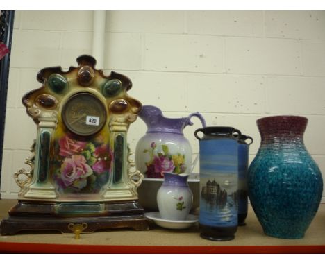 A CERAMIC CASED MANTEL CLOCK, various vases, wash set etc