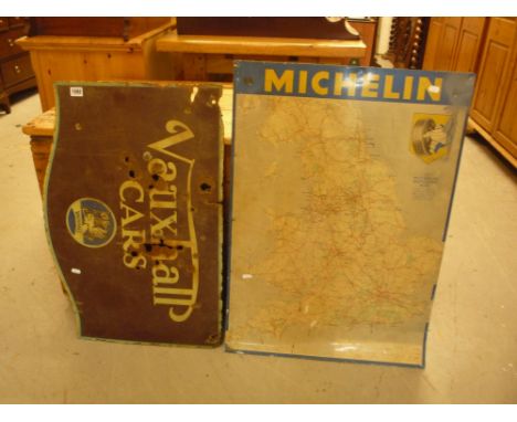 A VAUXHALL CARS ENAMEL SIGN, (s.d. rusted, holes etc) and a Michelin aluminium wall mounted road map of Great Britain (s.d.) 