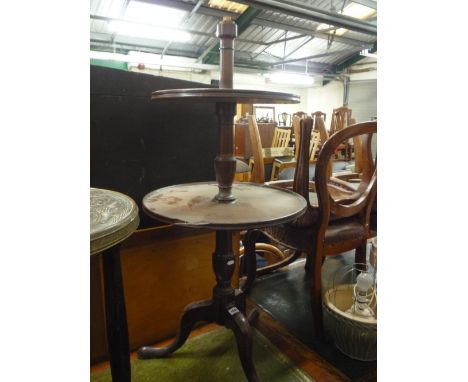 A 19TH CENTURY MAHOGANY THREE TIER DUMB WAITER/BUFFET, on tripod support (s.d. top tier missing etc) (for restoration)