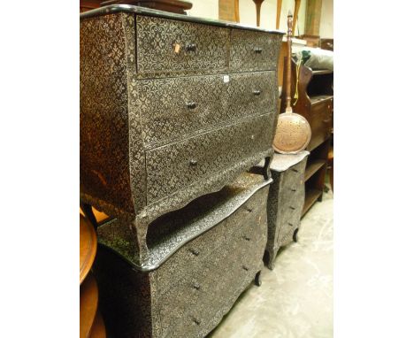 TWO SILVERED CHESTS, of two short and two long drawers, a matching four drawer bedside chest and a lamp with shade (3) (s.d.)
