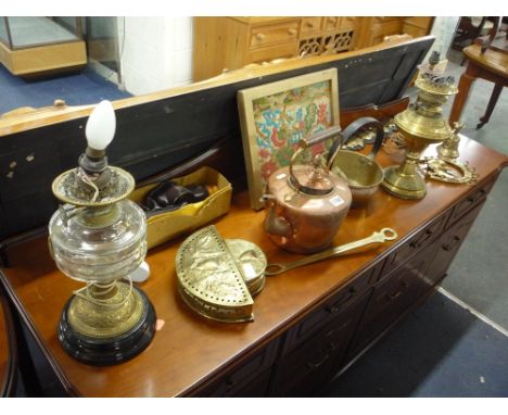 A QUANTITY OF COPPER, brassware etc, including two oil lamp bases