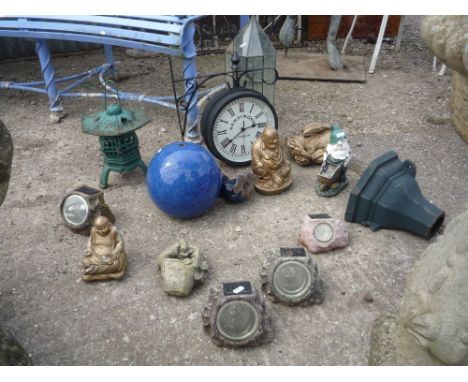 A QUANTITY OF GARDEN ORNAMENTS, including a hanging wall clock, lantern and a quantity of figures etc (16)