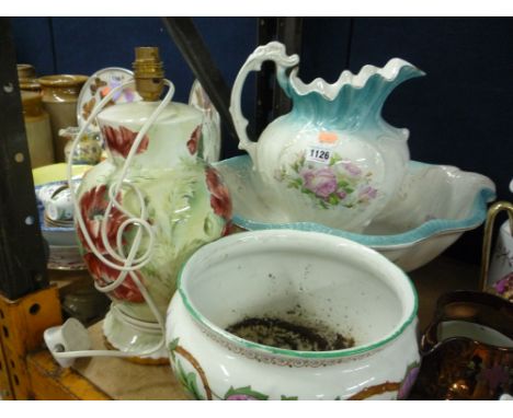 A JUG/BOWL, a Crescent 'Jacobean' jardiniere and a table lamp (4) 