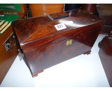 A 19TH CENTURY MAHOGANY TEA CADDY, of sarcophagus form, fitted interior, lacking mixing bowl