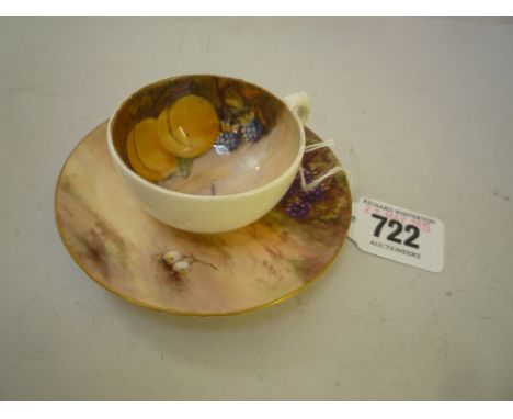 A ROYAL WORCESTER MINIATURE CABINET CUP AND SAUCER, hand painted with fruit, signed W. Hale (restored)