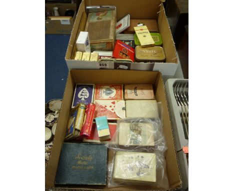 TWO BOXES OF SMOKING RELATED ITEMS, and playing cards