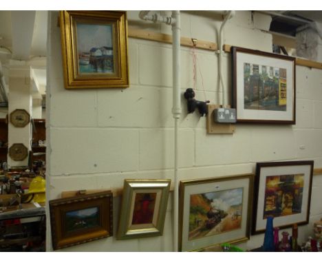 VARIOUS PICTURES, including Don Breckon locomotive print, oil on boards etc and a plastic Poodle (7)