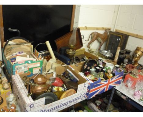 SIX BOXES AND LOOSE CERAMICS, GLASS, CUTLERY, SCALES, RECORDS, ICE SKATES, METALWARE, etc