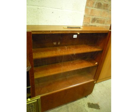 A WOODEN THREE SHELF PORTABLE DISPLAY CASE