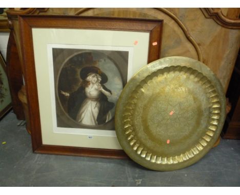 A LARGE OAK FRAMED PRINT, Louisa and a circular brass tray (2)