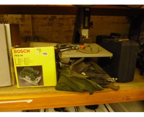 A BLACK AND DECKER JIGSAW, Bosch circular saw, another electric saw and a bag of various tools