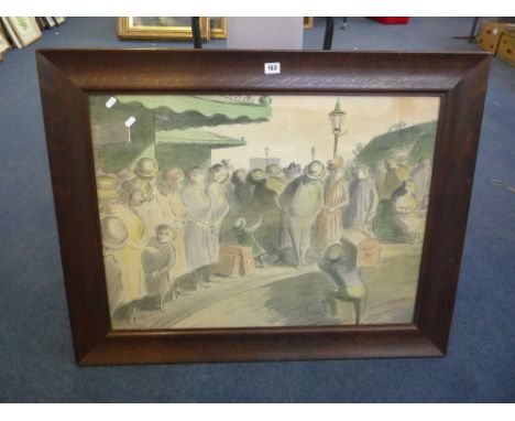 CONTINENTAL SCHOOL, circa 1890, a lithograph of a busy station platform, with figures waiting and porter hoisting a trunk at 